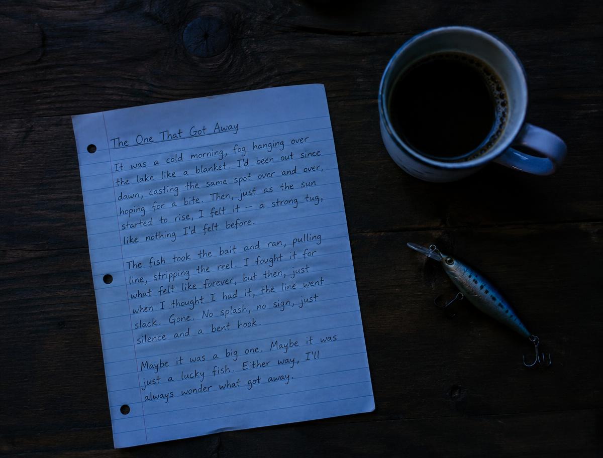 A handwritten fishing story beside a cup of coffee